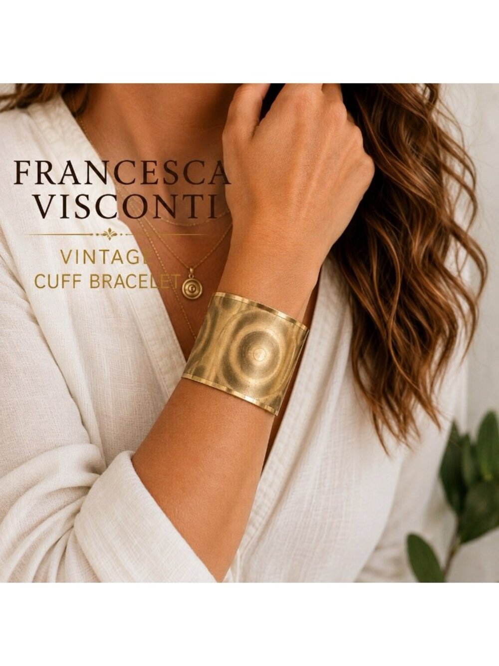 Francesca Visconti Vintage Wide Gold Tone Cuff Bracelet Statement Swirls